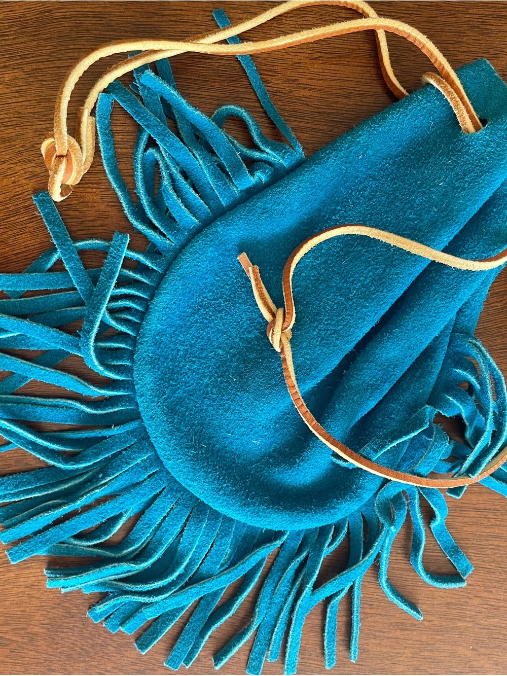 Teal Fringe Suede Drawstring Purse Hippie Festival Coachella